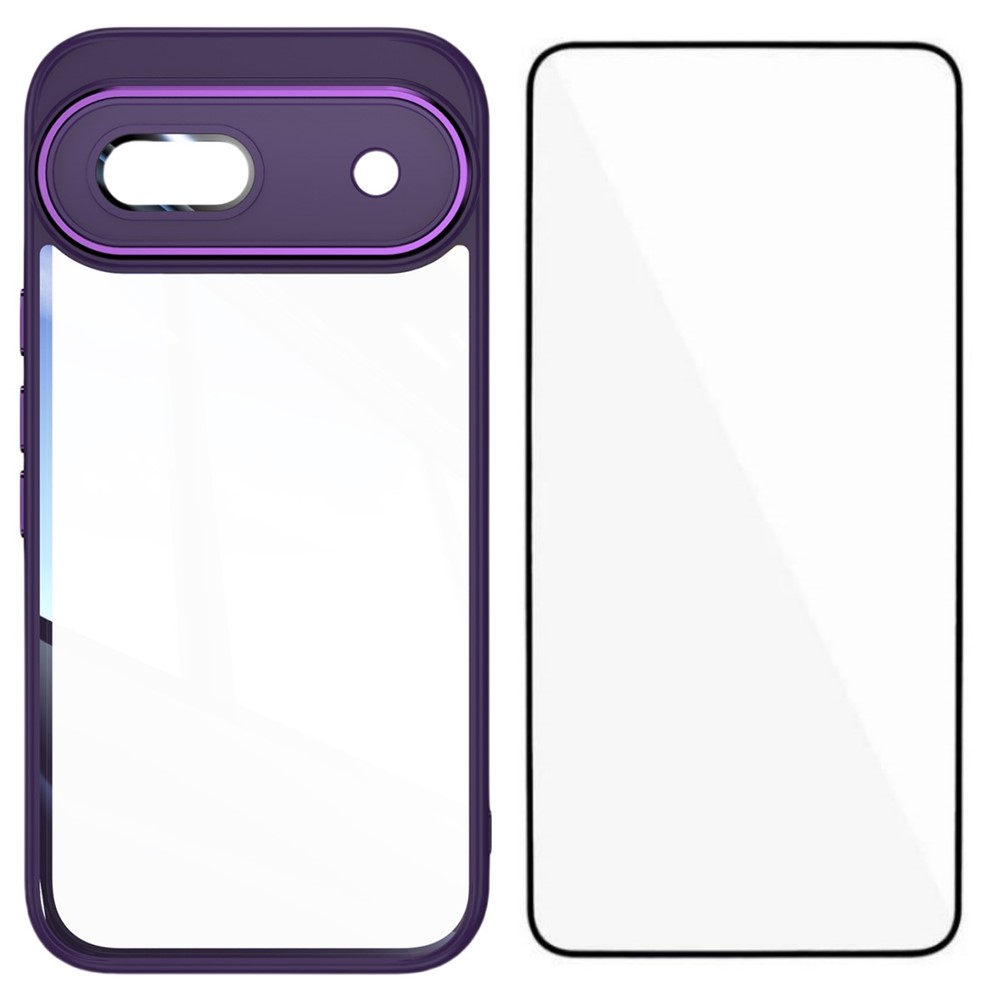 For Google Pixel 8a TPU Case WANLONFENG Shockproof Clear Phone Cover with Tempered Glass Film - Dark Purple