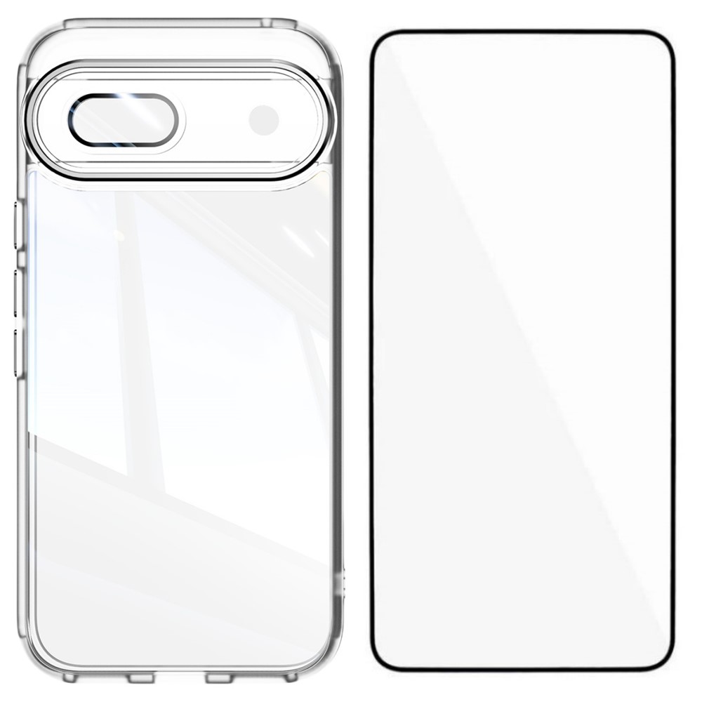 For Google Pixel 8a TPU Case WANLONFENG Shockproof Clear Phone Cover with Tempered Glass Film - Transparent