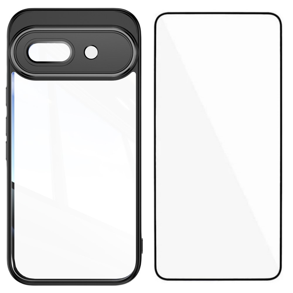 For Google Pixel 9a TPU Case WANLONFENG Shockproof Clear Phone Cover with Tempered Glass Film - Black