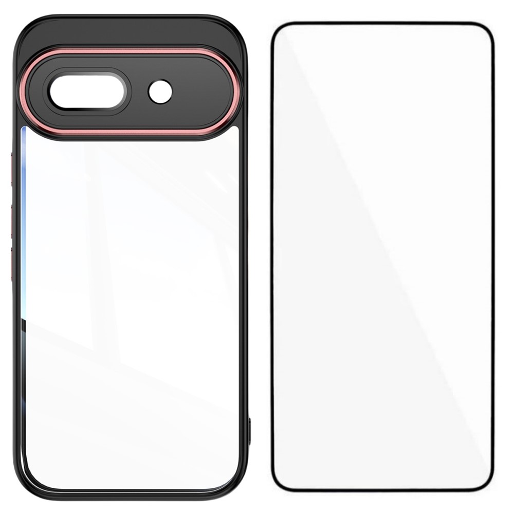 For Google Pixel 9a TPU Case WANLONFENG Shockproof Clear Phone Cover with Tempered Glass Film - Black Red