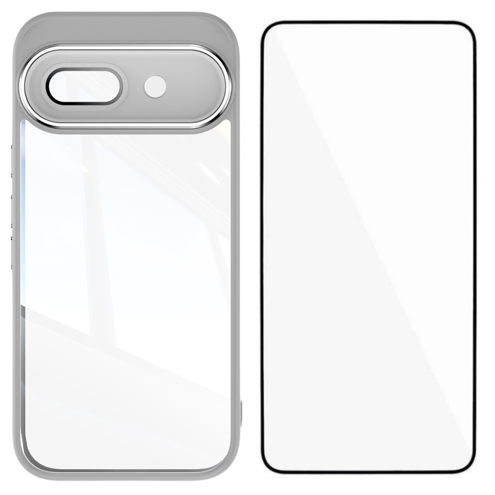 For Google Pixel 9a TPU Case WANLONFENG Shockproof Clear Phone Cover with Tempered Glass Film - Grey