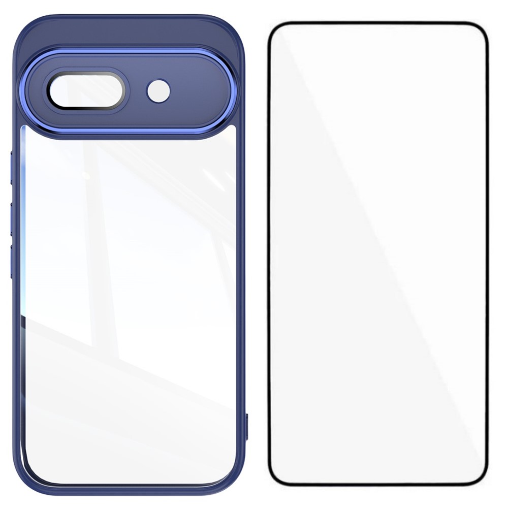 For Google Pixel 9a TPU Case WANLONFENG Shockproof Clear Phone Cover with Tempered Glass Film - Blue