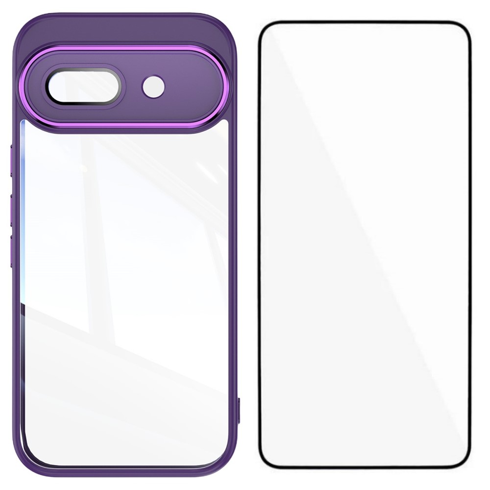 For Google Pixel 9a TPU Case WANLONFENG Shockproof Clear Phone Cover with Tempered Glass Film - Dark Purple