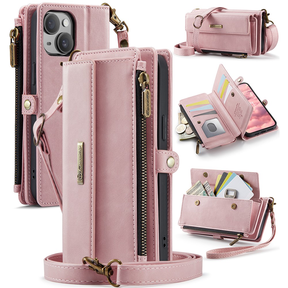 For iPhone 15 Case CASEME C39 RFID Blocking Zipper Wallet Stand Leather Cover with Strap - Pink