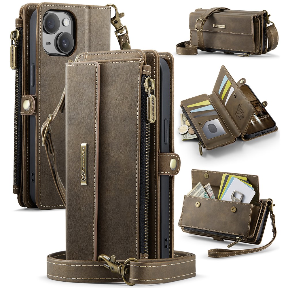 For iPhone 15 Case CASEME C39 RFID Blocking Zipper Wallet Stand Leather Cover with Strap - Brown
