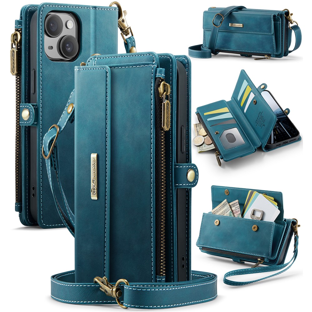 For iPhone 15 Case CASEME C39 RFID Blocking Zipper Wallet Stand Leather Cover with Strap - Green