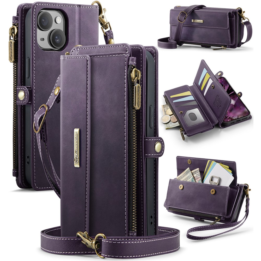 For iPhone 15 Case CASEME C39 RFID Blocking Zipper Wallet Stand Leather Cover with Strap - Purple