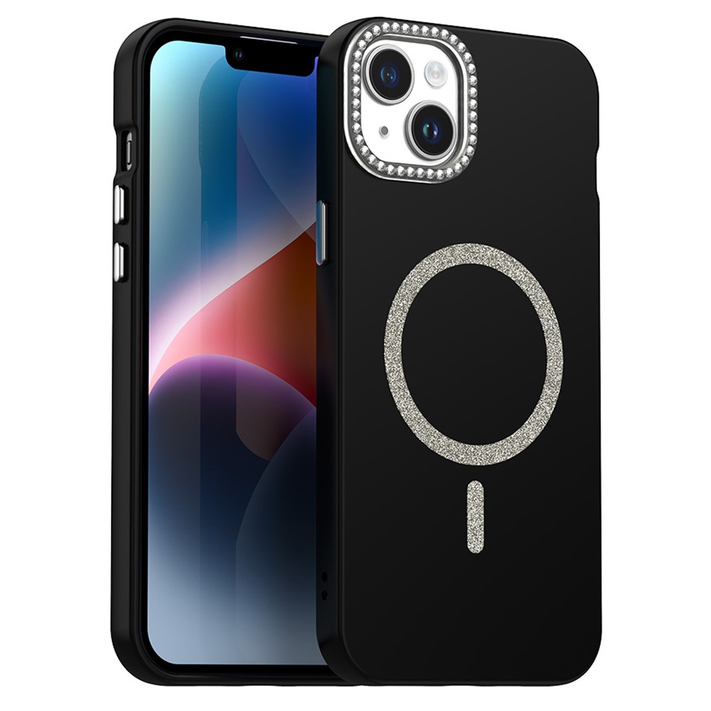 For iPhone 14 Case Compatible with MagSafe TPU + PET Phone Cover with Rhinestone Decor Lens Frame - Black