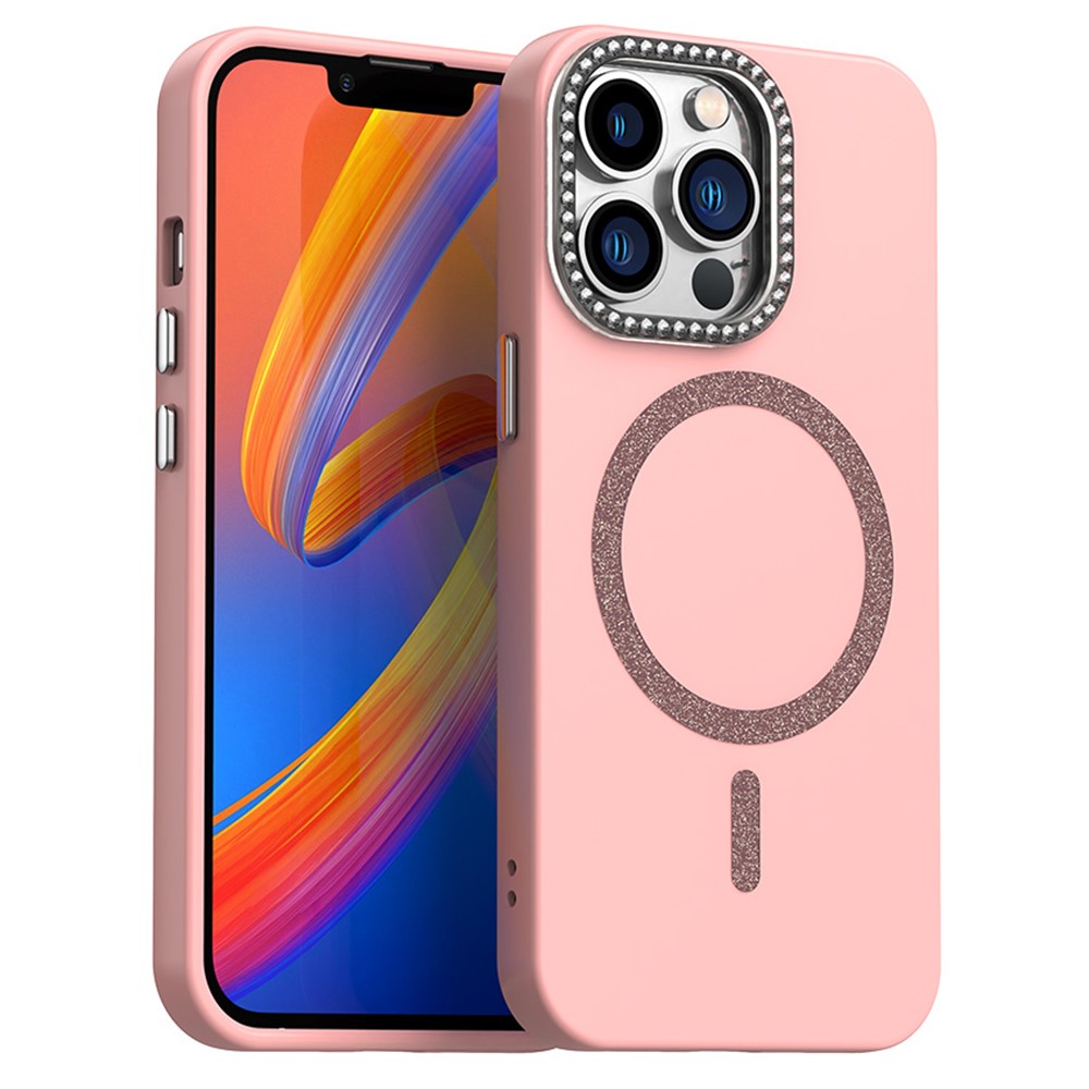 For iPhone 13 Pro Case Compatible with MagSafe TPU + PET Phone Cover with Rhinestone Decor Lens Frame - Pink