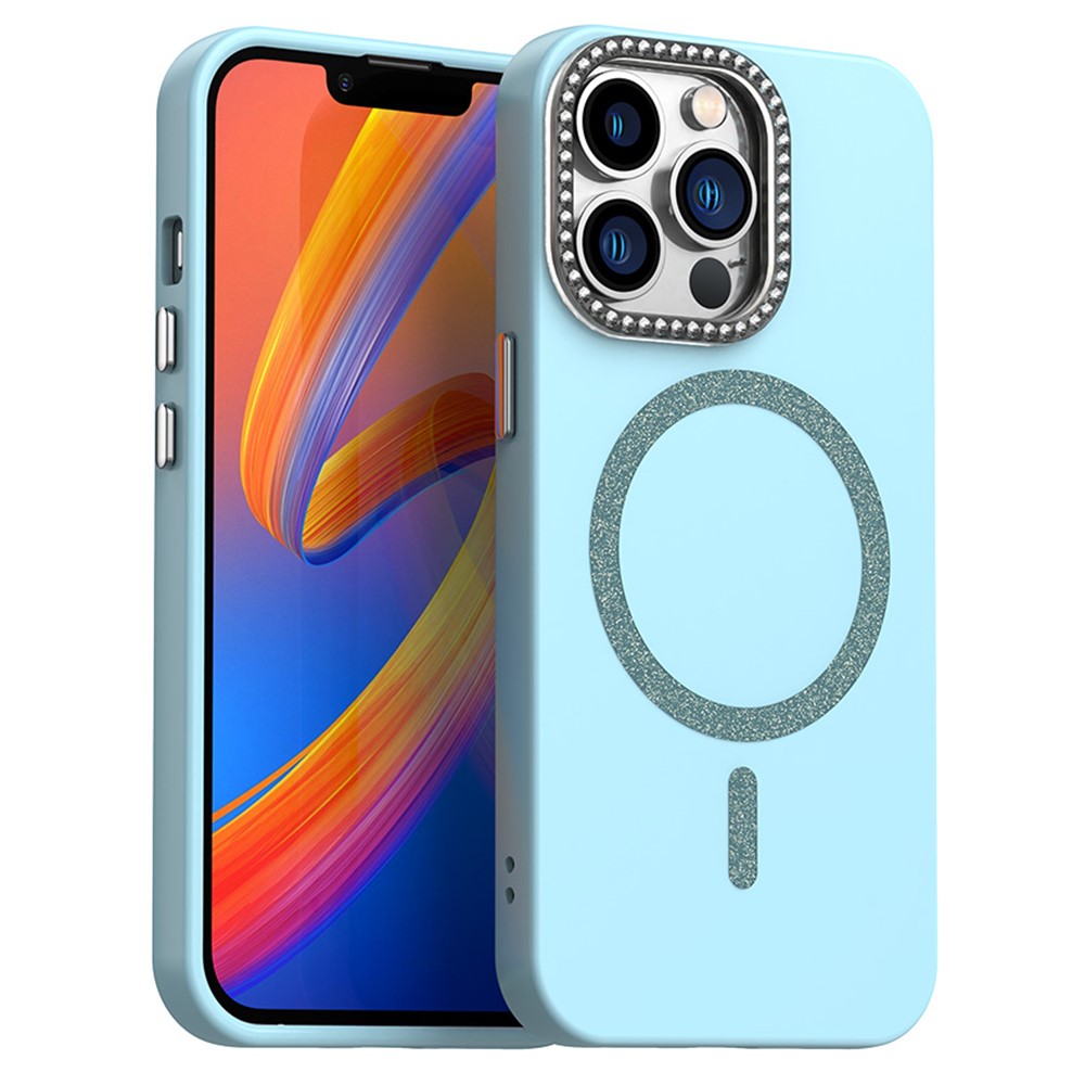 For iPhone 13 Pro Case Compatible with MagSafe TPU + PET Phone Cover with Rhinestone Decor Lens Frame - Blue