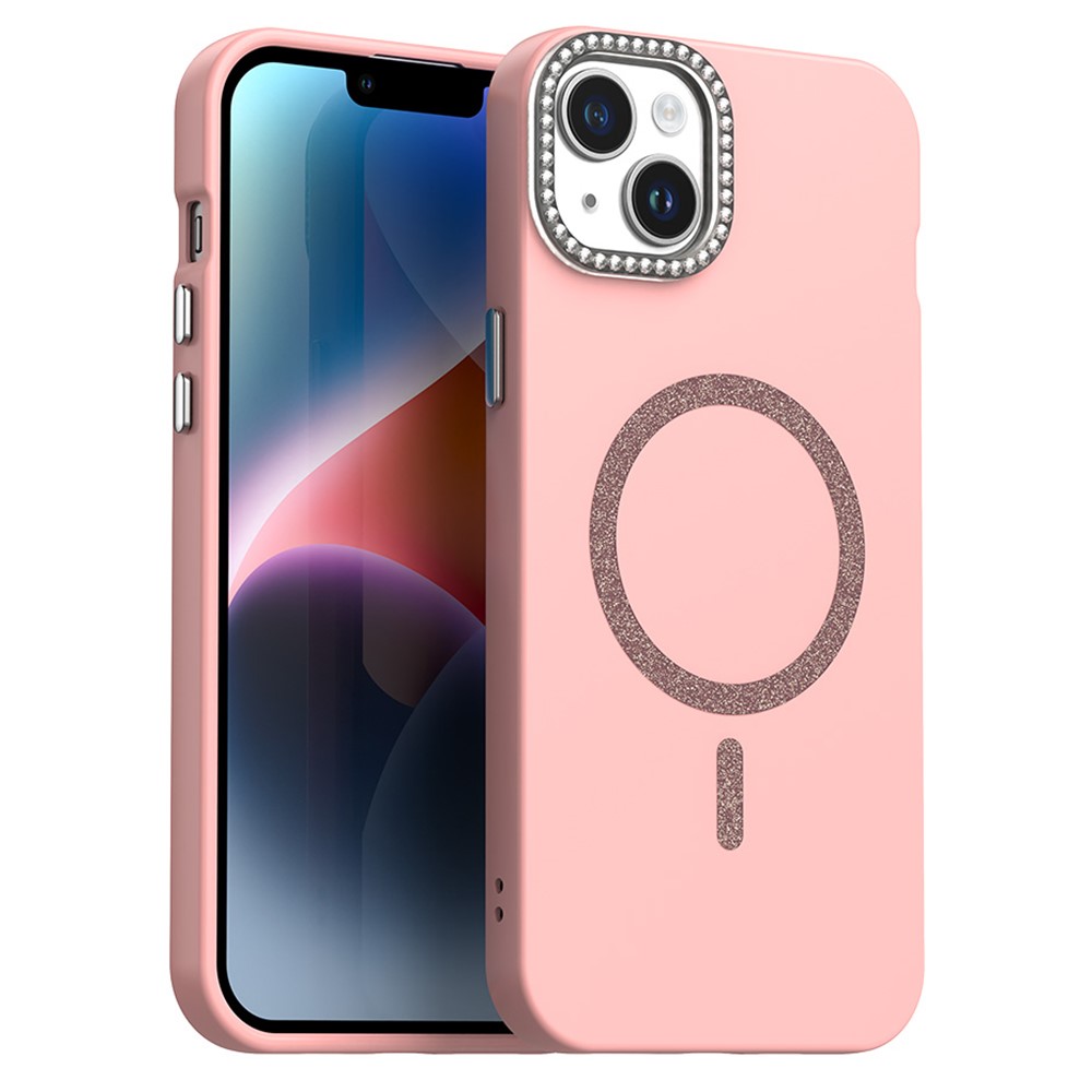For iPhone 15 Plus / 14 Plus Case Compatible with MagSafe TPU + PET Phone Cover with Rhinestone Decor Lens Frame - Pink