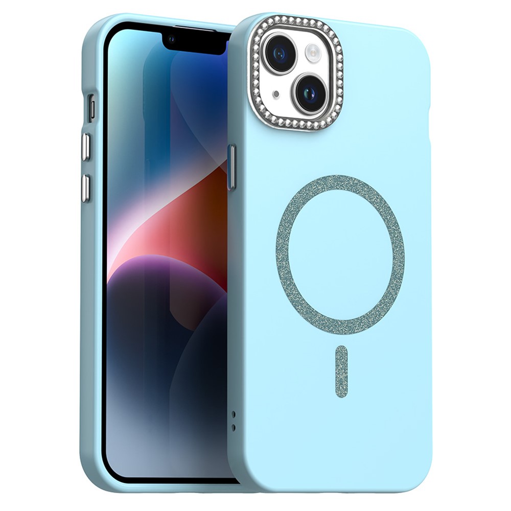 For iPhone 15 Plus / 14 Plus Case Compatible with MagSafe TPU + PET Phone Cover with Rhinestone Decor Lens Frame - Blue