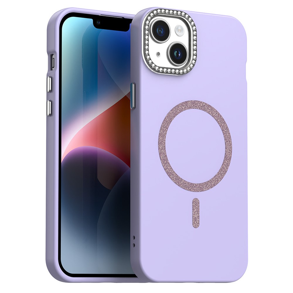 For iPhone 15 Plus / 14 Plus Case Compatible with MagSafe TPU + PET Phone Cover with Rhinestone Decor Lens Frame - Purple
