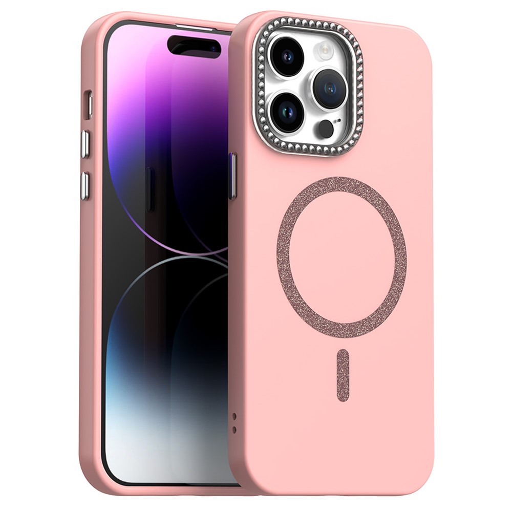 For iPhone 14 Pro Case Compatible with MagSafe TPU + PET Phone Cover with Rhinestone Decor Lens Frame - Pink