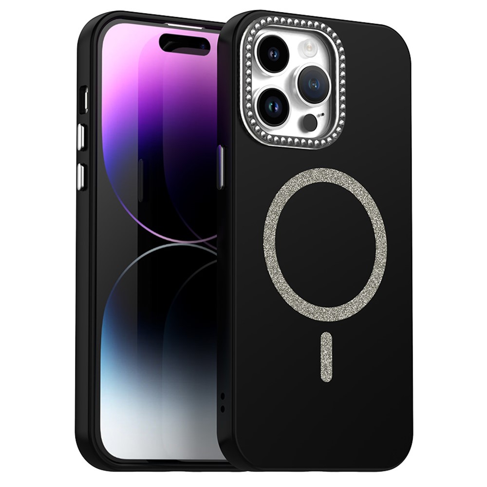 For iPhone 14 Pro Max Case Compatible with MagSafe TPU + PET Phone Cover with Rhinestone Decor Lens Frame - Black