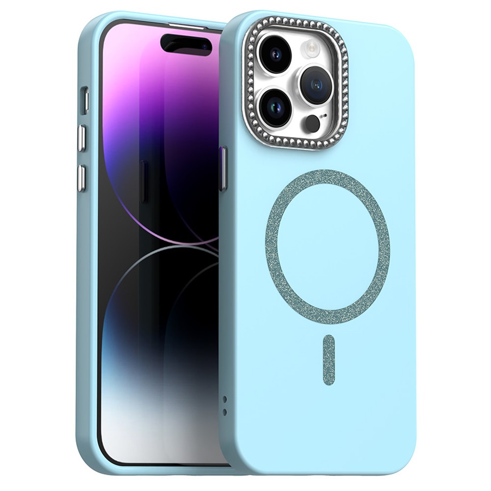 For iPhone 14 Pro Max Case Compatible with MagSafe TPU + PET Phone Cover with Rhinestone Decor Lens Frame - Blue