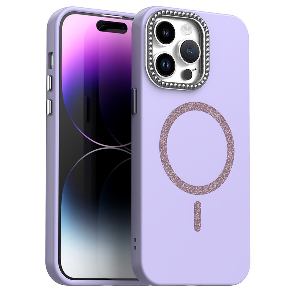 For iPhone 14 Pro Max Case Compatible with MagSafe TPU + PET Phone Cover with Rhinestone Decor Lens Frame - Purple