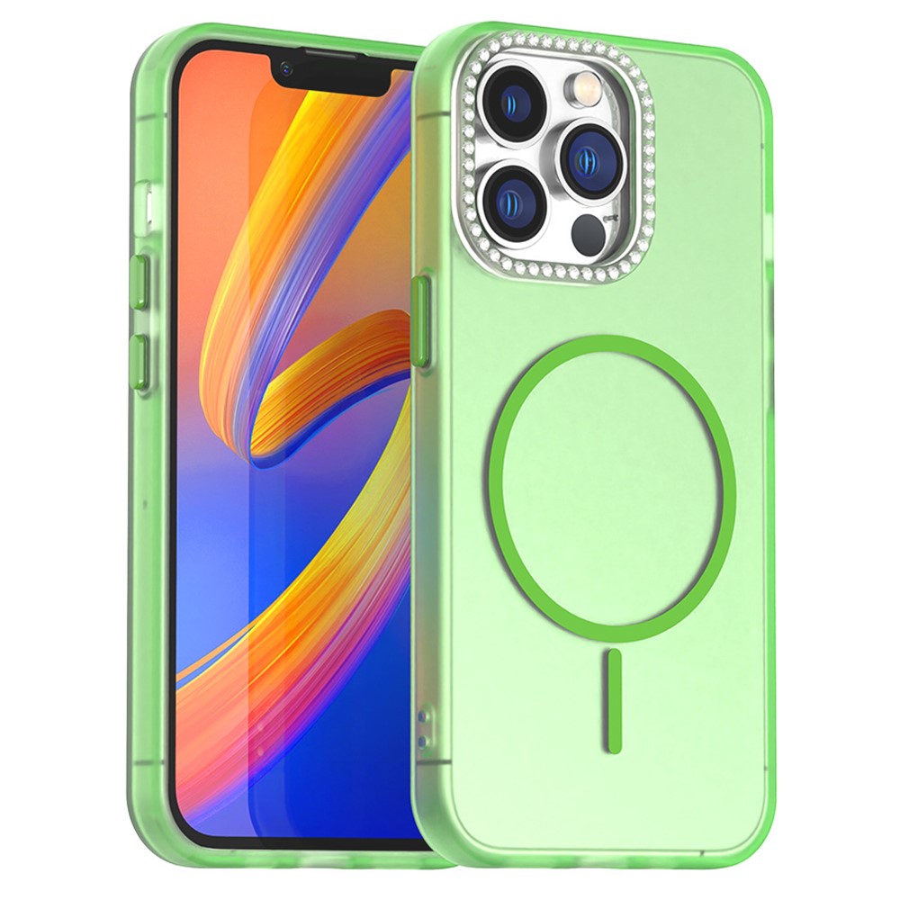 For iPhone 13 Pro Case Compatible with MagSafe TPU + PC + PET Phone Cover Rhinestone Decor Lens Frame - Green