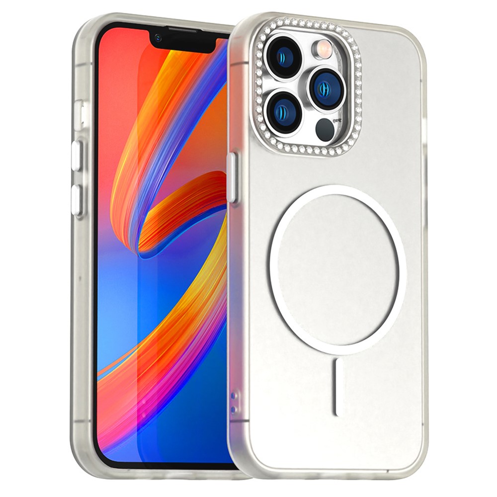 For iPhone 13 Pro Max Case Compatible with MagSafe TPU + PC + PET Phone Cover Rhinestone Decor Lens Frame - White