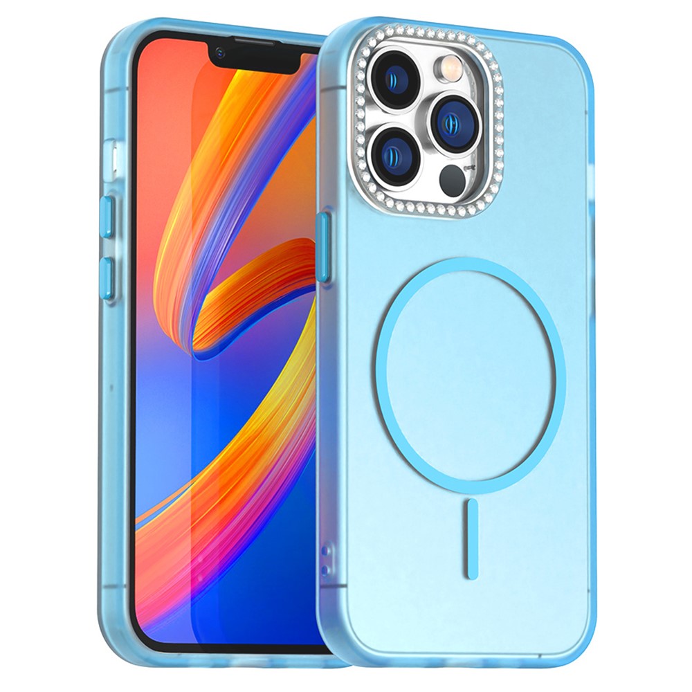 For iPhone 13 Pro Max Case Compatible with MagSafe TPU + PC + PET Phone Cover Rhinestone Decor Lens Frame - Blue