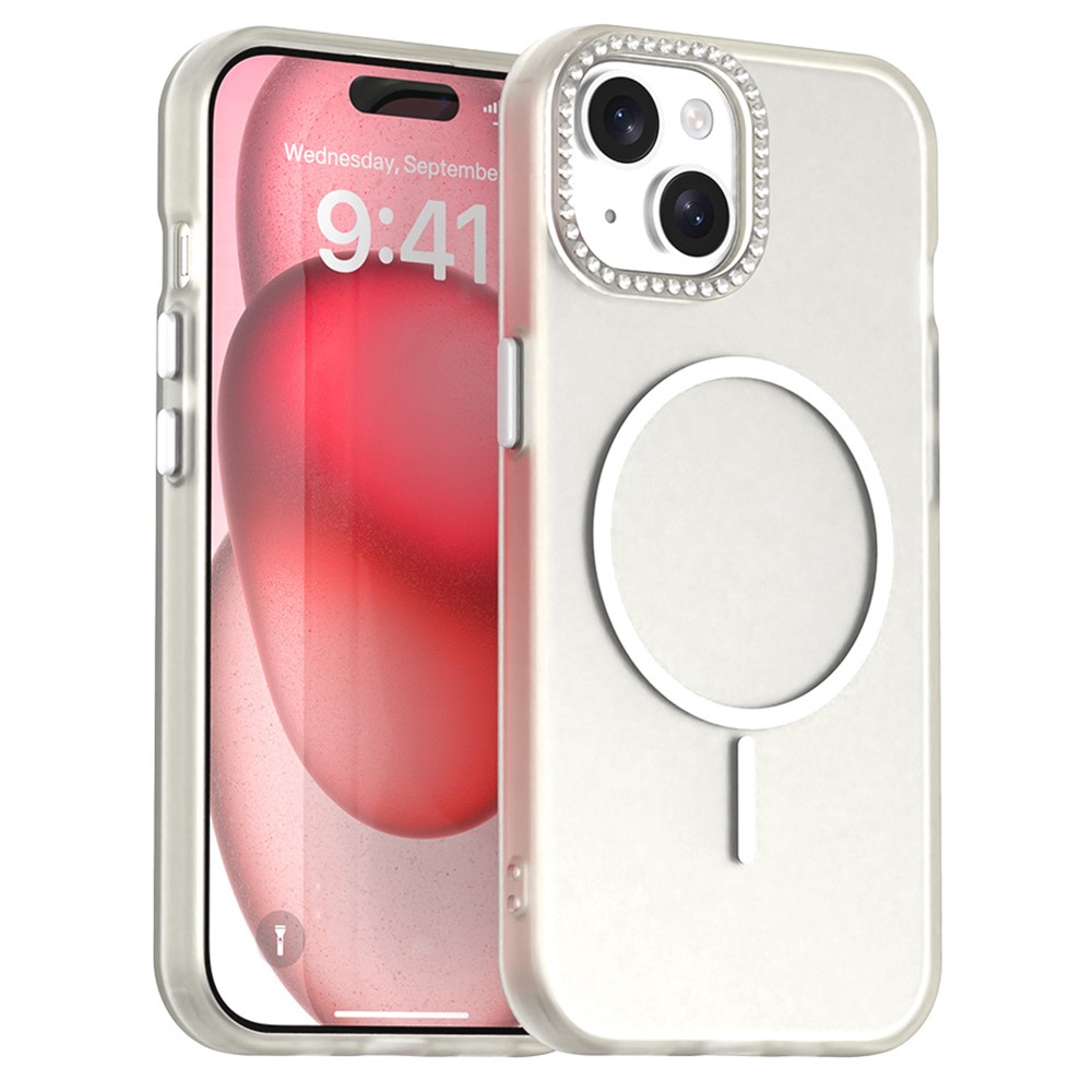 For iPhone 15 Plus / 14 Plus Case Compatible with MagSafe TPU + PC + PET Phone Cover Rhinestone Decor Lens Frame - White