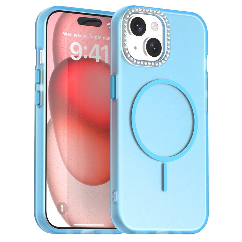 For iPhone 15 Plus / 14 Plus Case Compatible with MagSafe TPU + PC + PET Phone Cover Rhinestone Decor Lens Frame - Blue