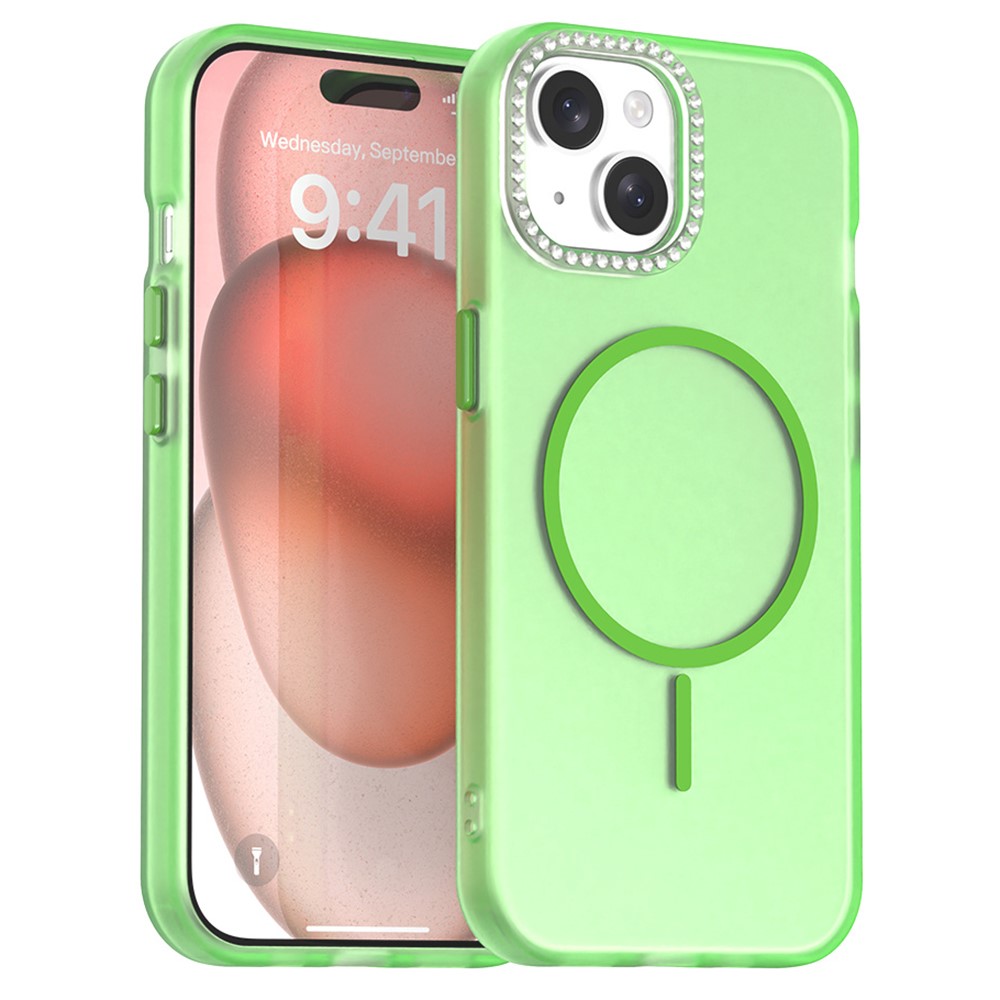 For iPhone 15 Plus / 14 Plus Case Compatible with MagSafe TPU + PC + PET Phone Cover Rhinestone Decor Lens Frame - Green