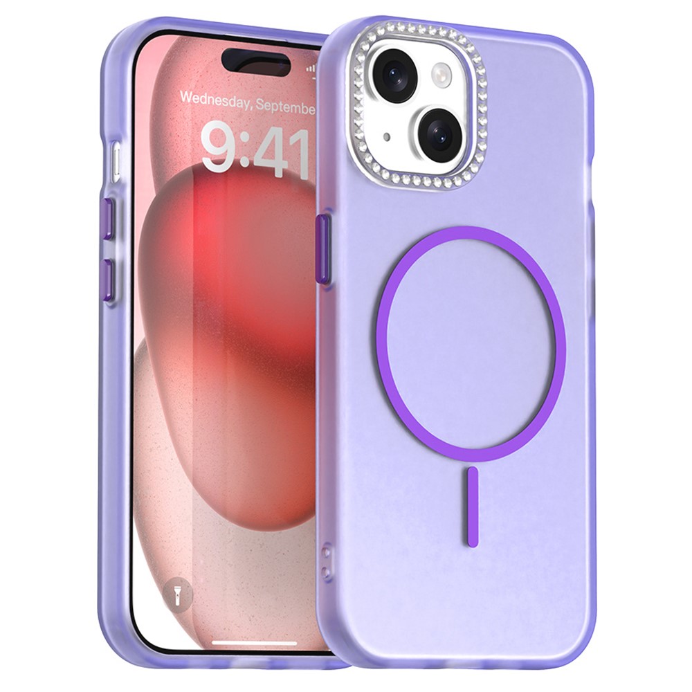 For iPhone 15 Plus / 14 Plus Case Compatible with MagSafe TPU + PC + PET Phone Cover Rhinestone Decor Lens Frame - Purple