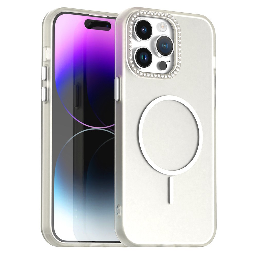For iPhone 14 Pro Case Compatible with MagSafe TPU + PC + PET Phone Cover Rhinestone Decor Lens Frame - White