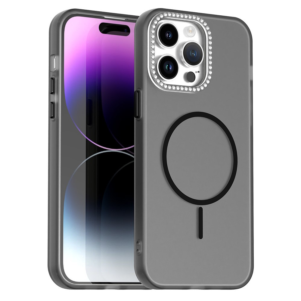 For iPhone 14 Pro Case Compatible with MagSafe TPU + PC + PET Phone Cover Rhinestone Decor Lens Frame - Black