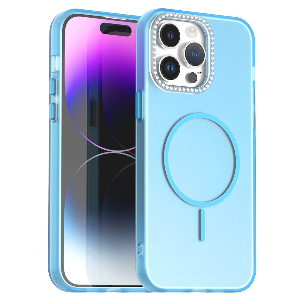 For iPhone 14 Pro Case Compatible with MagSafe TPU + PC + PET Phone Cover Rhinestone Decor Lens Frame - Blue