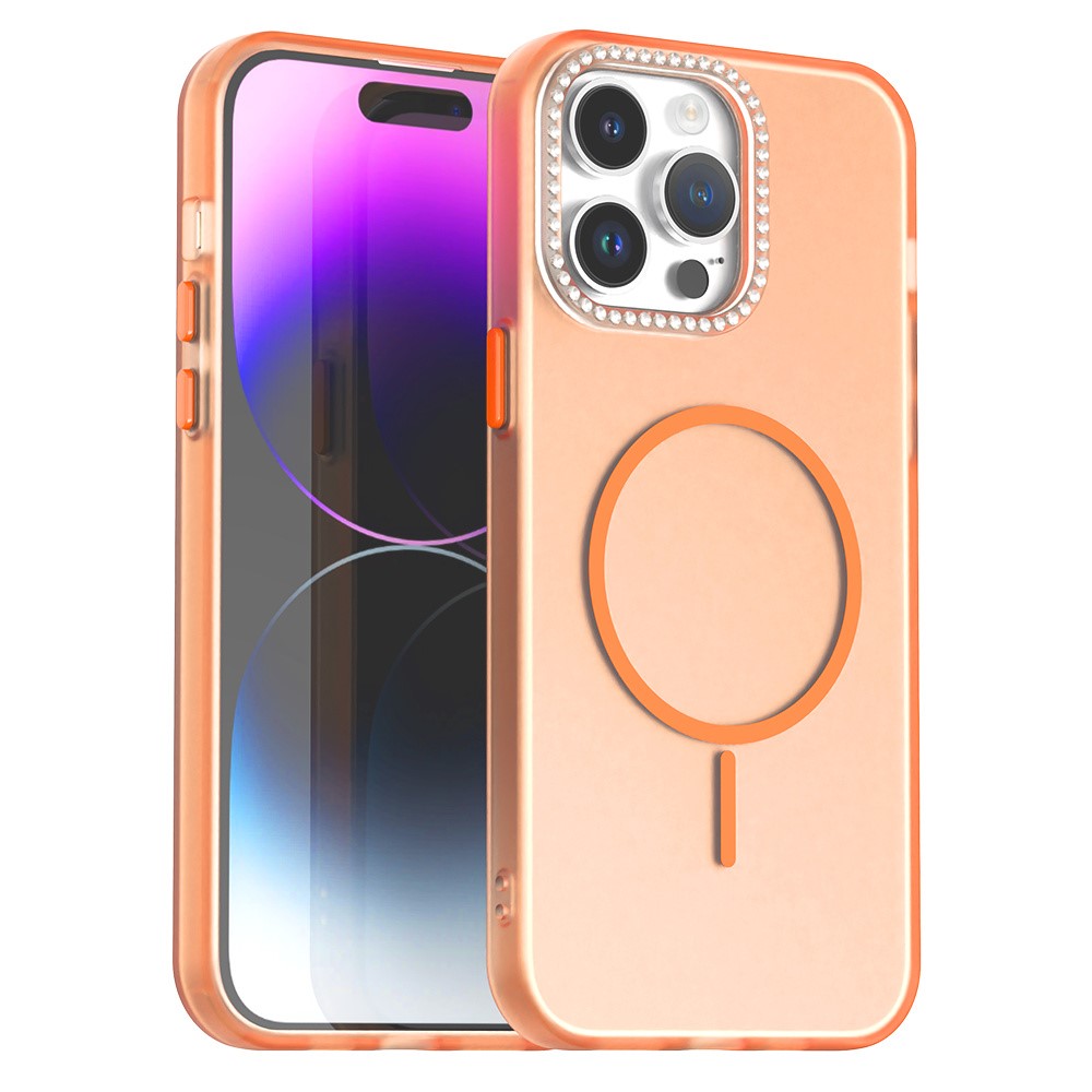 For iPhone 14 Pro Max Case Compatible with MagSafe TPU + PC + PET Phone Cover Rhinestone Decor Lens Frame - Orange
