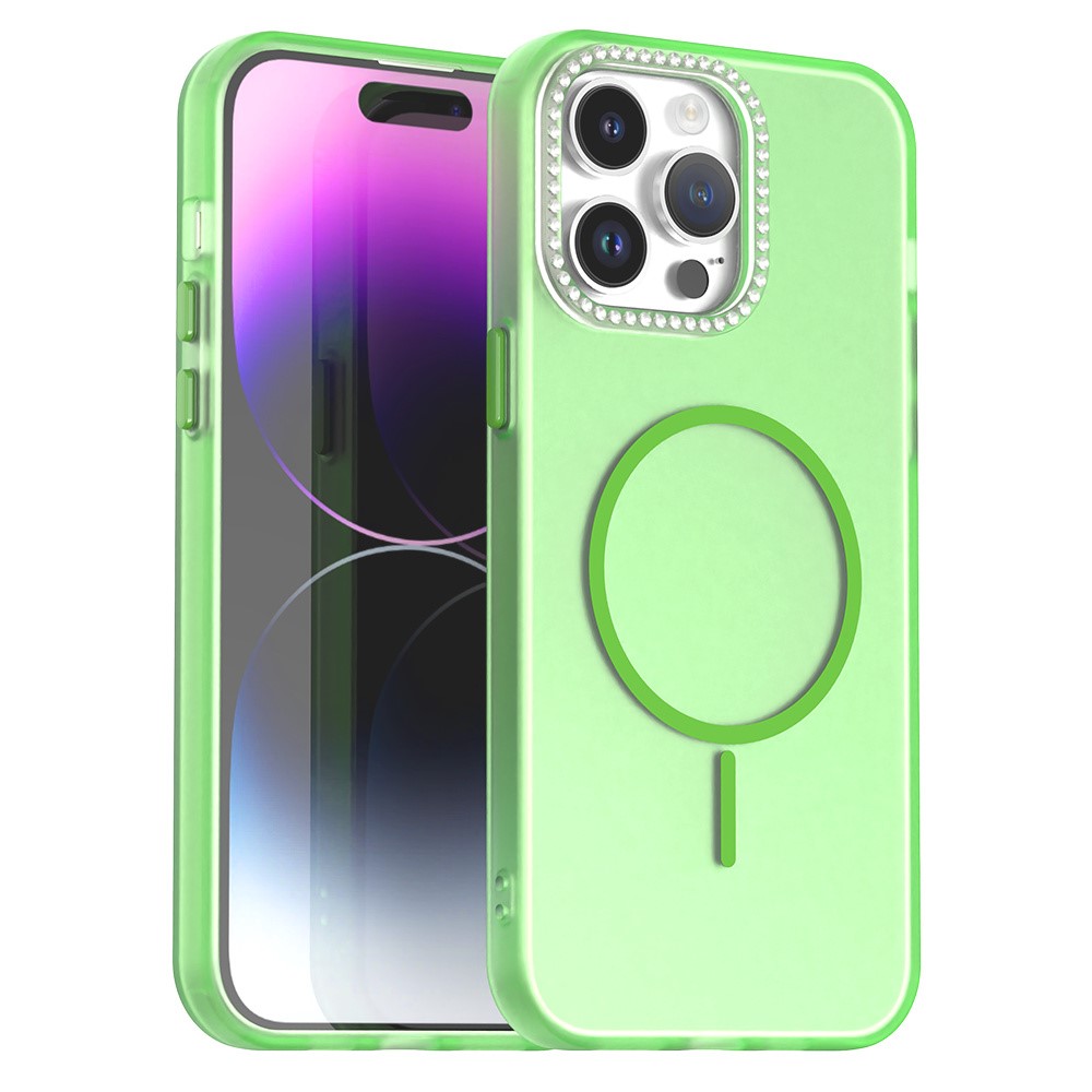 For iPhone 14 Pro Max Case Compatible with MagSafe TPU + PC + PET Phone Cover Rhinestone Decor Lens Frame - Green