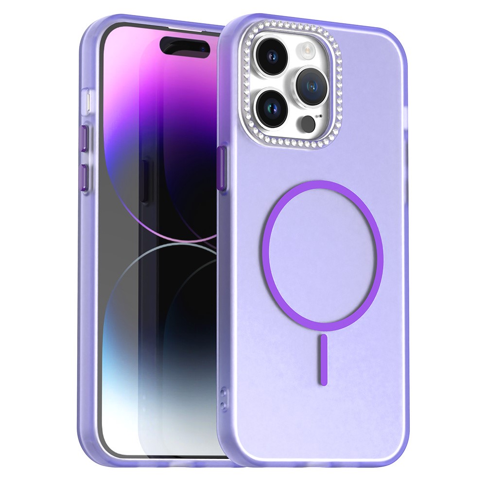 For iPhone 14 Pro Max Case Compatible with MagSafe TPU + PC + PET Phone Cover Rhinestone Decor Lens Frame - Purple