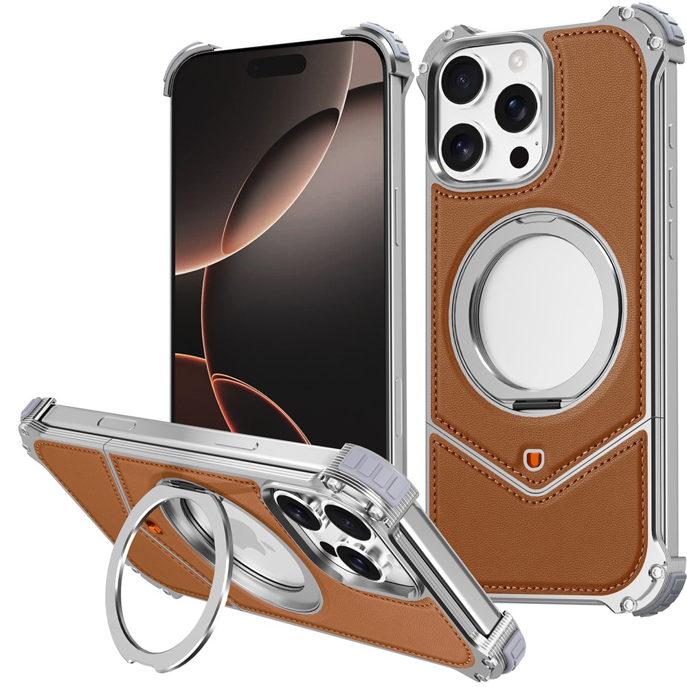 For iPhone 16 Pro Max Case PU Covered Metal Boardless Phone Back Cover with Kickstand - Brown