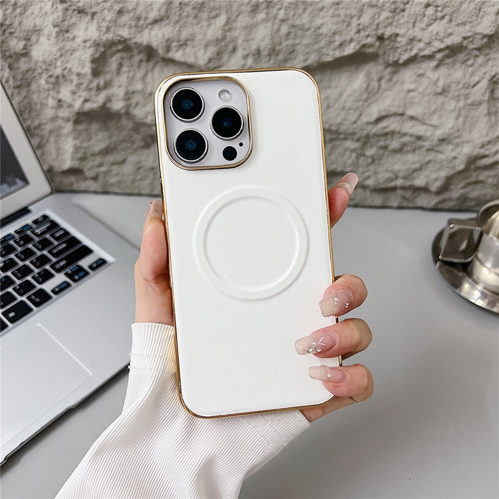 For iPhone 16 Pro Max Magnetic Case Nappa Texture PU + TPU + PC Phone Back Cover - White
