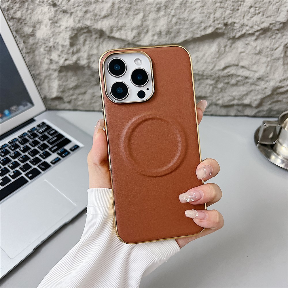 For iPhone 16 Pro Max Magnetic Case Nappa Texture PU + TPU + PC Phone Back Cover - Brown