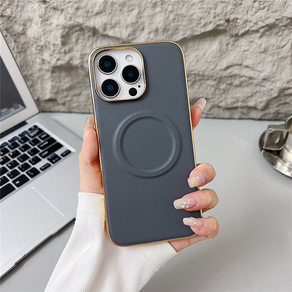 For iPhone 16 Pro Max Magnetic Case Nappa Texture PU + TPU + PC Phone Back Cover - Navy Blue