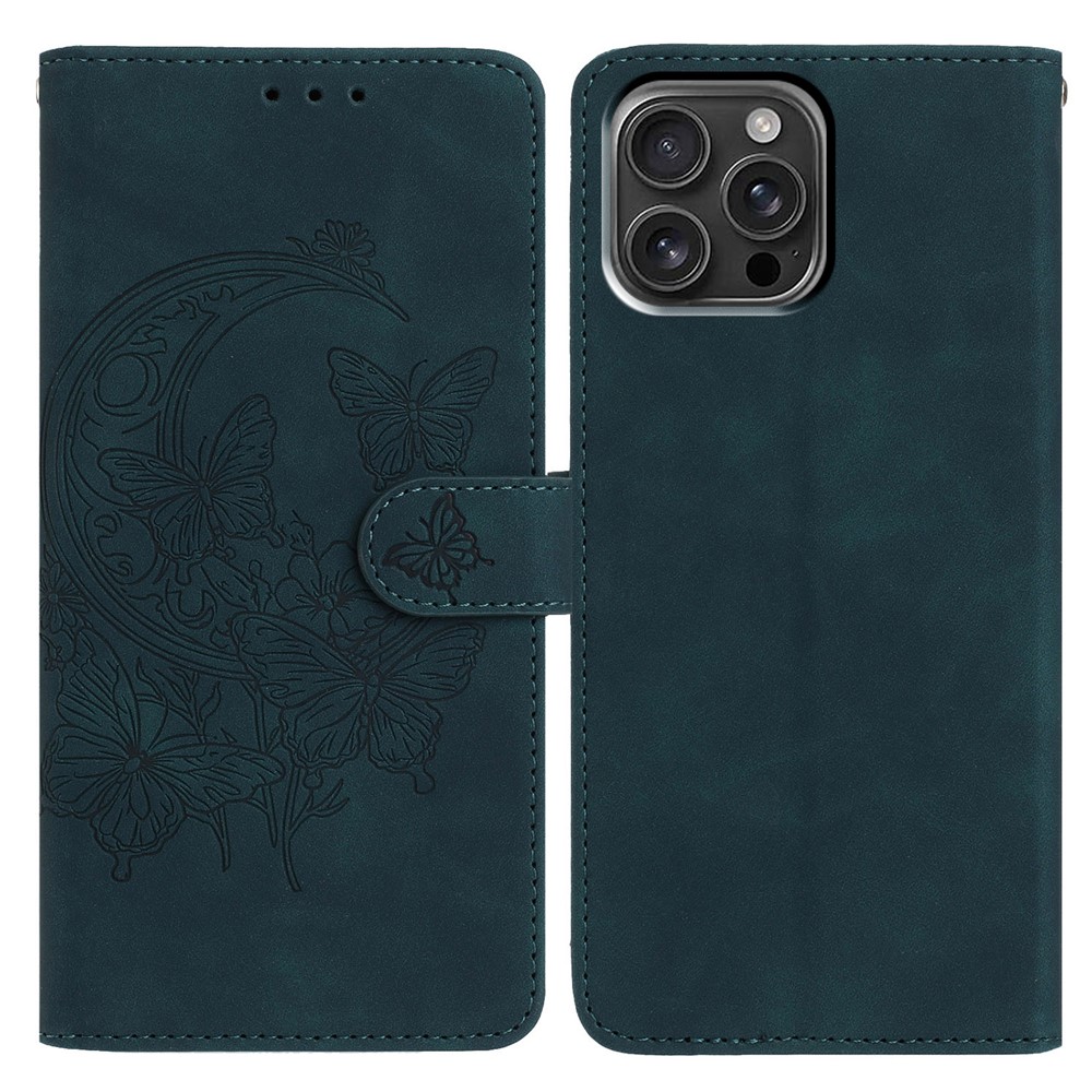 For iPhone 16 Pro Max Case Butterfly Flower Imprinted PU Leather Wallet Stand Phone Cover - Green