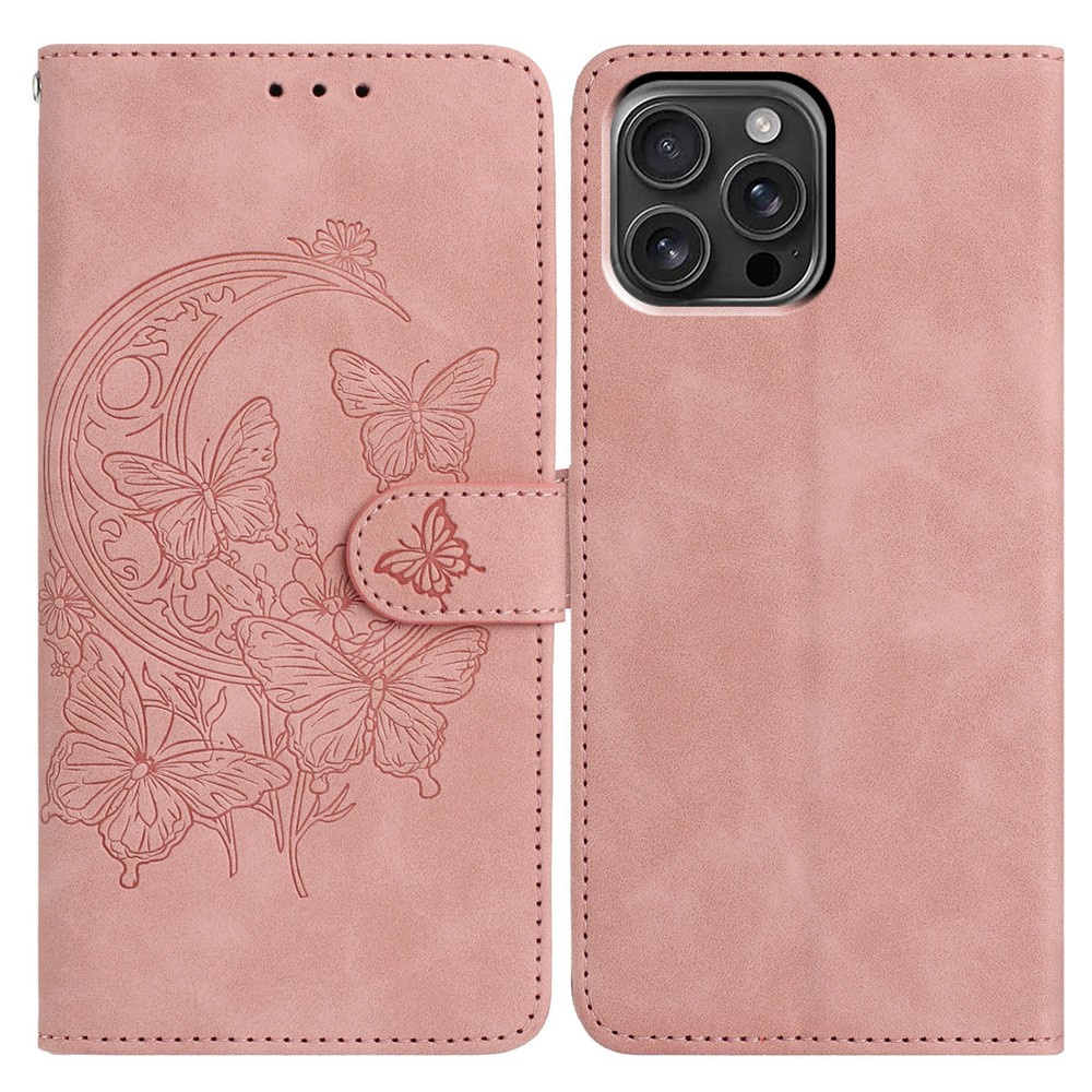 For iPhone 16 Pro Max Case Butterfly Flower Imprinted PU Leather Wallet Stand Phone Cover - Rose Gold