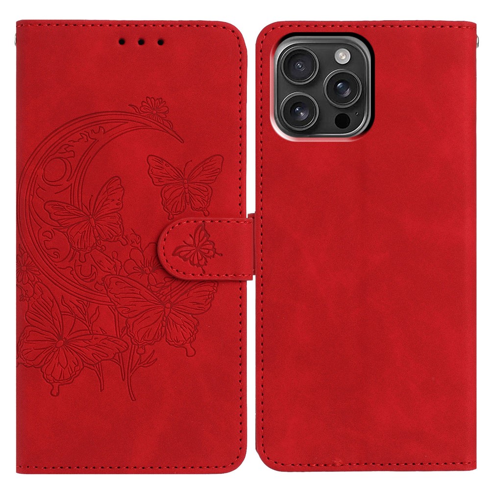 For iPhone 16 Pro Max Case Butterfly Flower Imprinted PU Leather Wallet Stand Phone Cover - Red