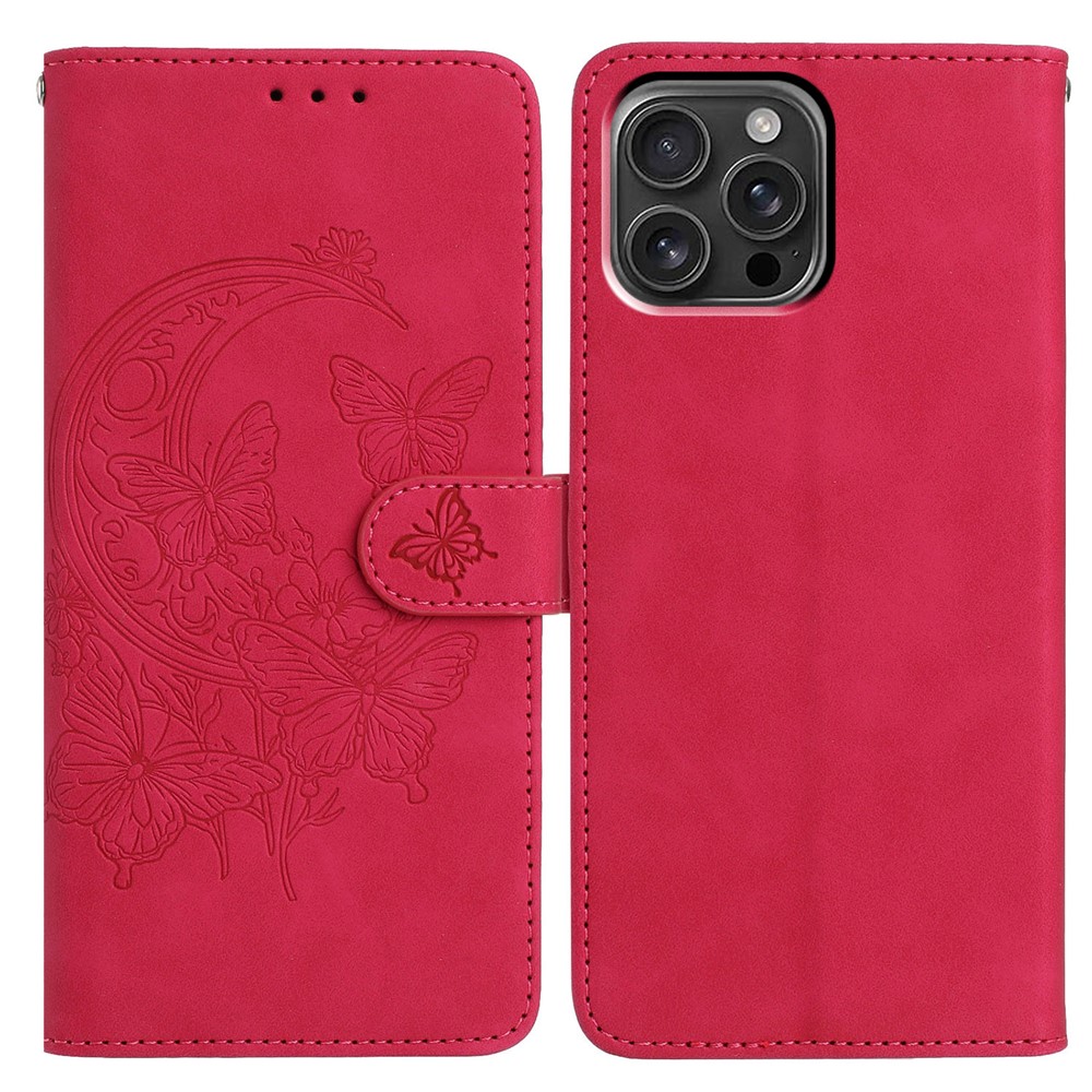 For iPhone 16 Pro Max Case Butterfly Flower Imprinted PU Leather Wallet Stand Phone Cover - Rose
