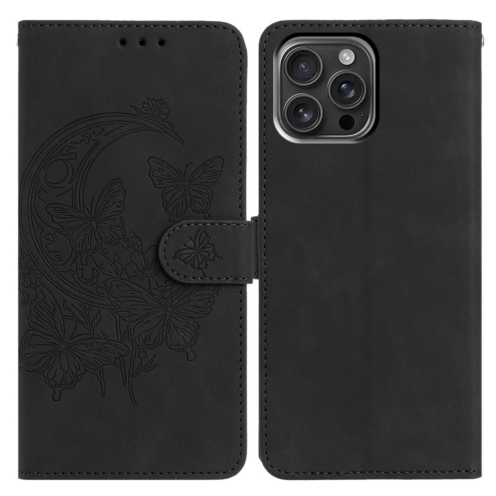 For iPhone 16 Pro Max Case Butterfly Flower Imprinted PU Leather Wallet Stand Phone Cover - Black