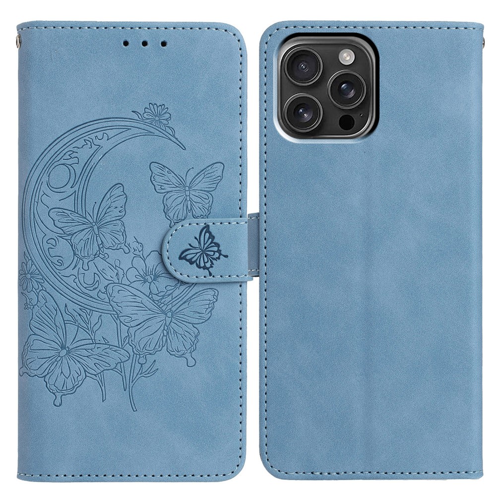 For iPhone 16 Pro Max Case Butterfly Flower Imprinted PU Leather Wallet Stand Phone Cover - Sky Blue