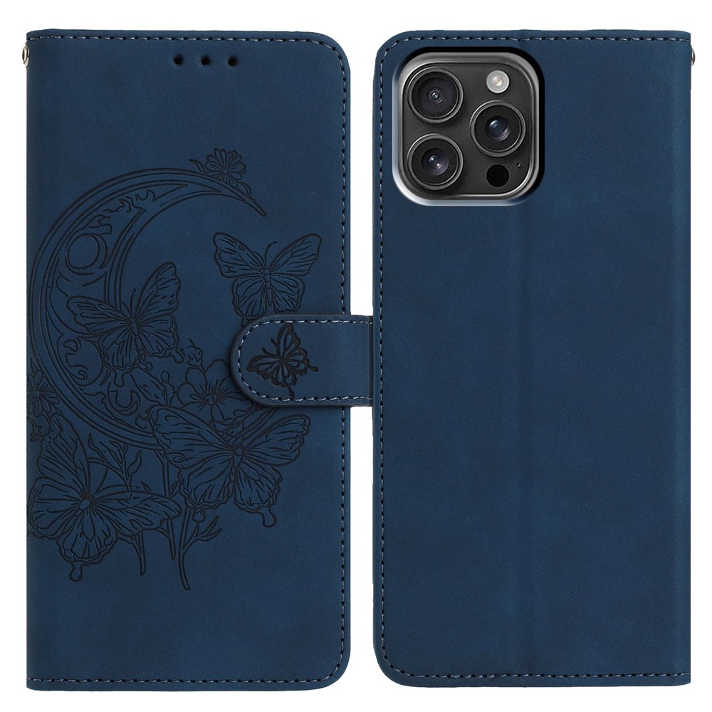 For iPhone 16 Pro Max Case Butterfly Flower Imprinted PU Leather Wallet Stand Phone Cover - Blue