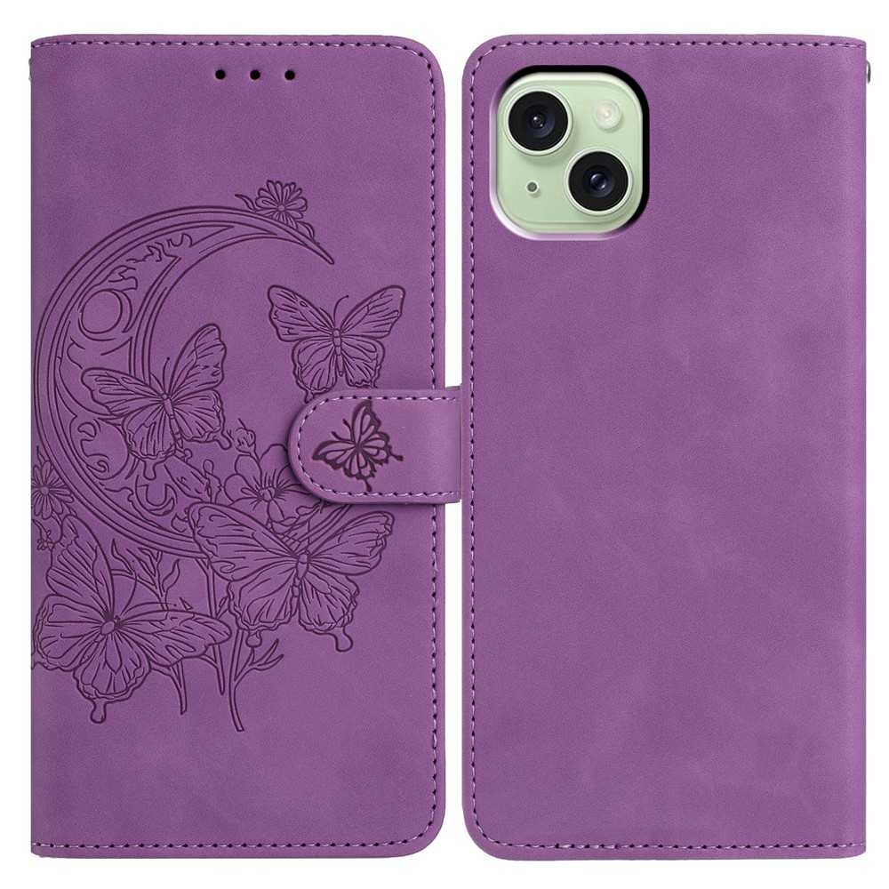 For iPhone 15 Case Butterfly Flower Imprinted PU Leather Wallet Stand Phone Cover - Purple