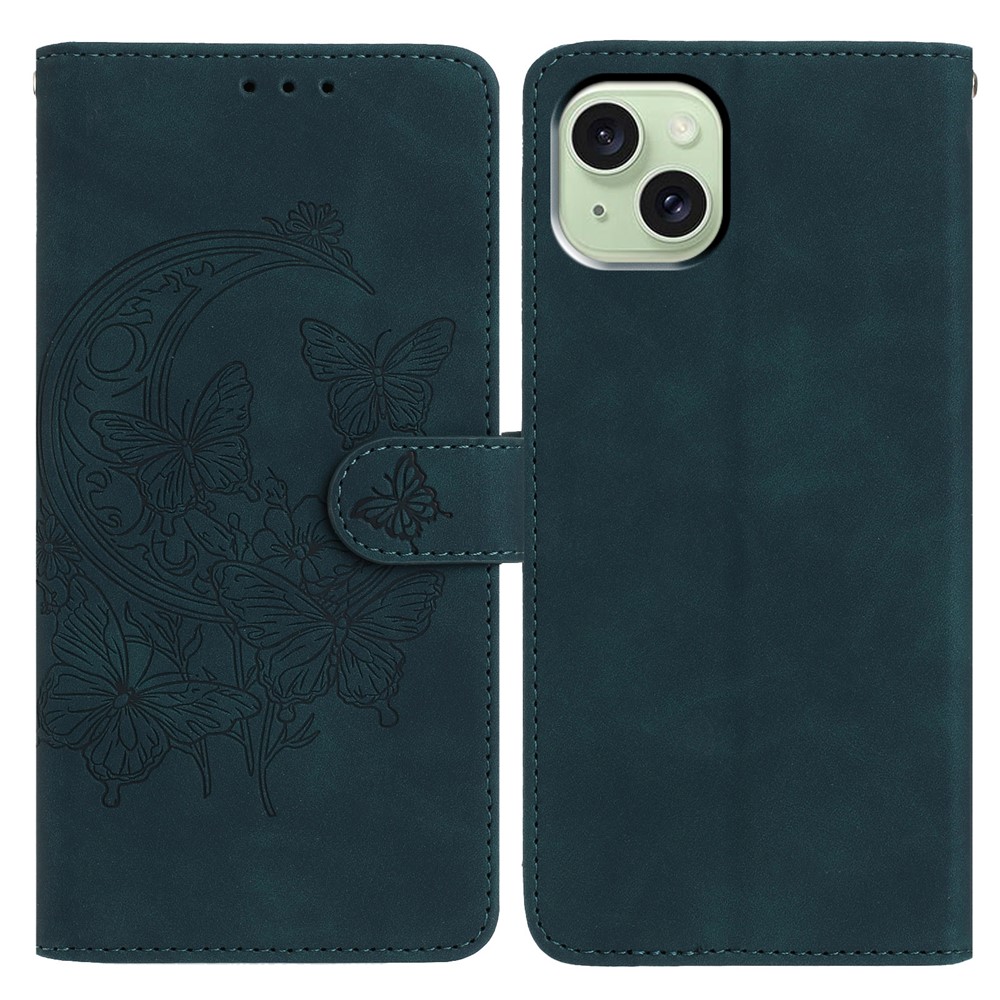 For iPhone 15 Case Butterfly Flower Imprinted PU Leather Wallet Stand Phone Cover - Green