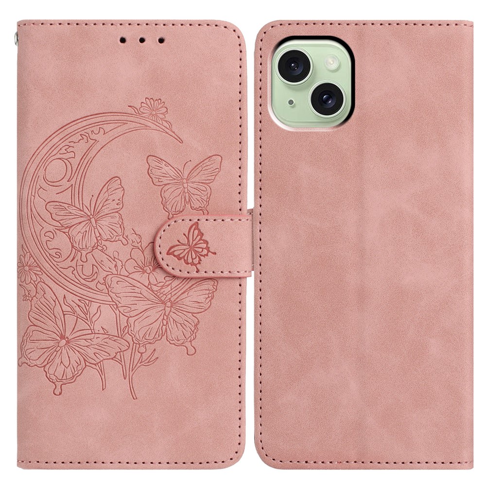 For iPhone 15 Case Butterfly Flower Imprinted PU Leather Wallet Stand Phone Cover - Rose Gold