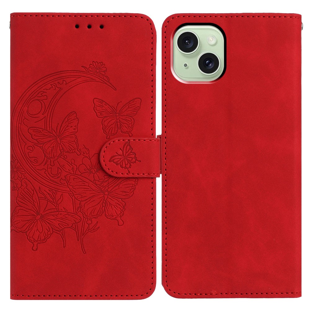 For iPhone 15 Case Butterfly Flower Imprinted PU Leather Wallet Stand Phone Cover - Red