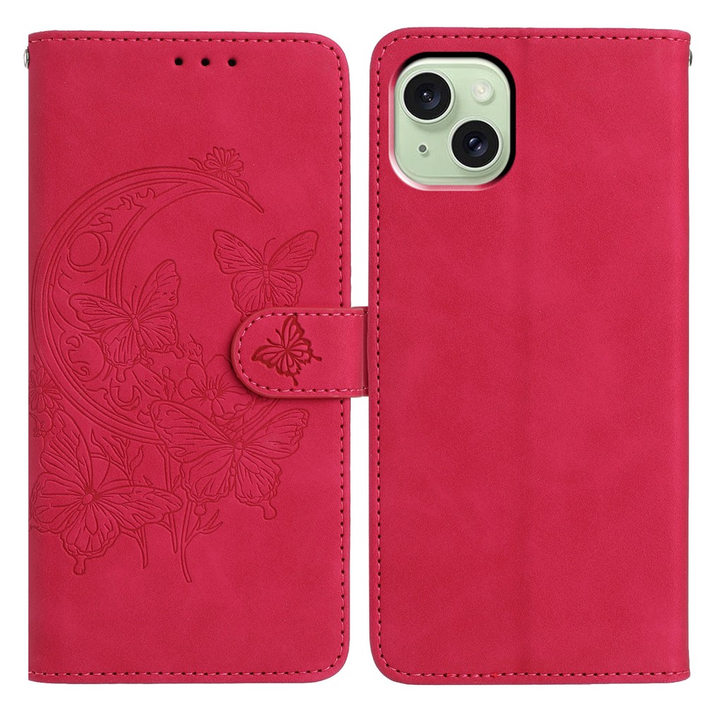 For iPhone 15 Case Butterfly Flower Imprinted PU Leather Wallet Stand Phone Cover - Rose